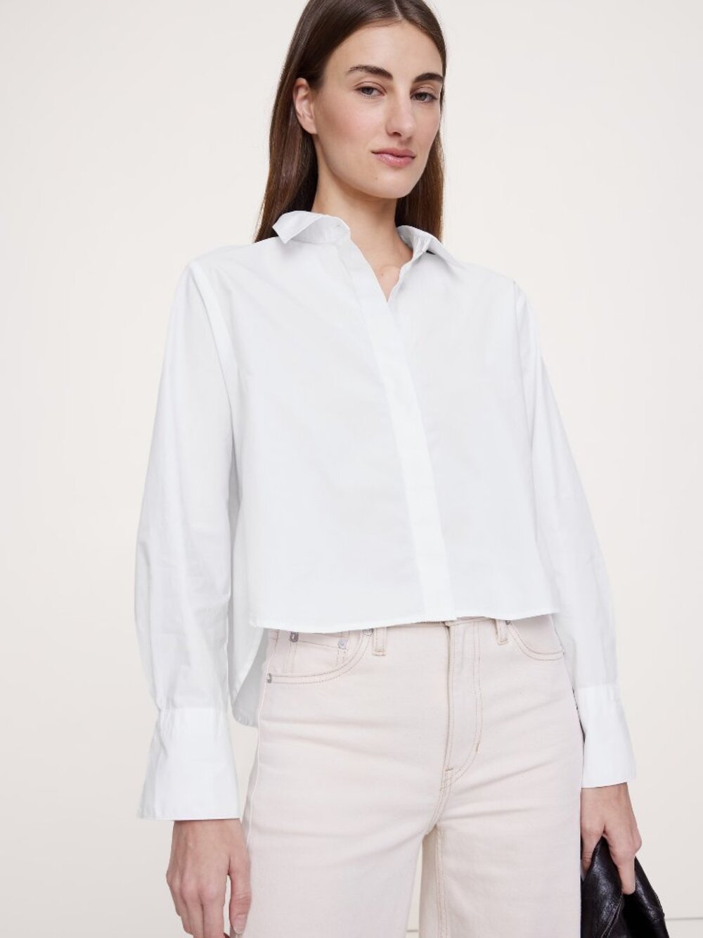 NWT!! Banana Republic White Cotton Poplin Cropped Shirt w/Elbow Patches XS
